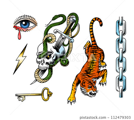Old school Tattoo set. Snake in the skull, dagger, chain and tiger in rock style. Engraved hand Old school Tattoo set. Snake in the skull, dagger, chain and tiger in rock style. Engraved hand 112479303