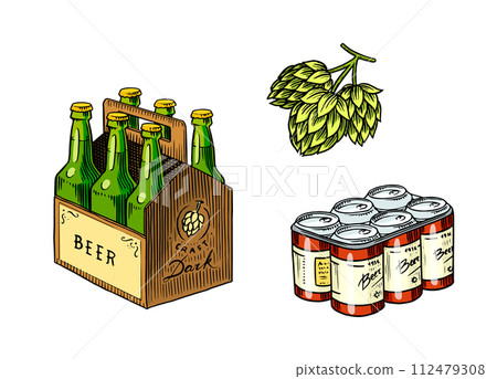 Beer glass bottle of oktoberfest. beverage packaging. Engraved in ink hand drawn in old sketch and Beer glass bottle of oktoberfest. beverage packaging. Engraved in ink hand drawn in old sketch and 112479308