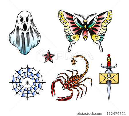 Old school Tattoo set. Ghost, butterfly, scorpion in rock style. Engraved hand drawn vintage retro 112479321