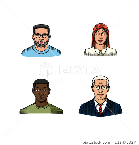 Human Avatars Collection. Faces of people. Characters set. Happy emotions. Portrait for social media 112479327