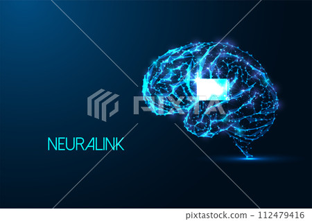 Neuralink, neural innovation futuristic concept wuth human barin with implant on dark blue 112479416