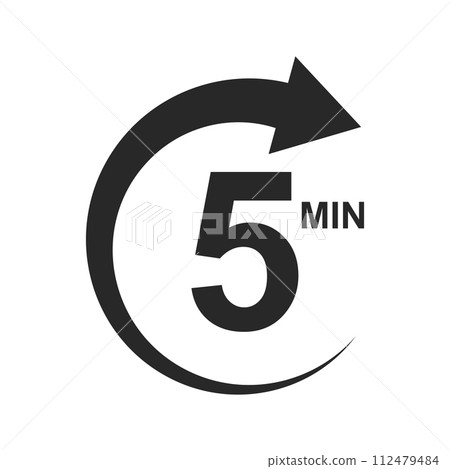 Five minutes icon with round arrow. 5 min stopwatch or countdawn sign. Sport or cooking timer isolated on white background. Delivery, deadline, duration pictogram. Vector graphic illustration Five minutes icon with round arrow. 5 min stopwatch or countdawn sign. Sport or cooking timer isolated on white background. Delivery, deadline, duration pictogram. Vector graphic illustration 112479484