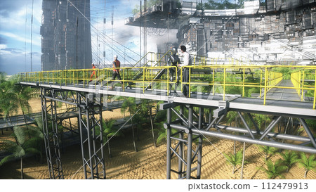 People and robot in Futuristic city in desert, flying cars and ships traffic. Future architecture concept. 3d rendering. 112479913