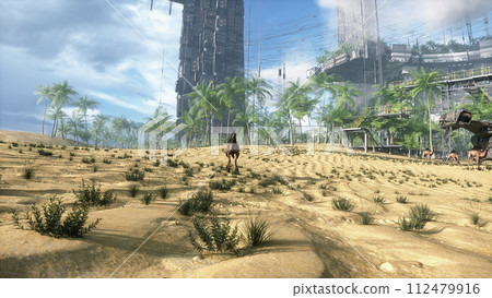 Camel walking in futuristic desert, sci fi city. Future architecture concept. 3d rendering. 112479916