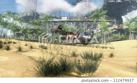 Camel walking in futuristic desert, sci fi city. Future architecture concept. 3d rendering. 112479917