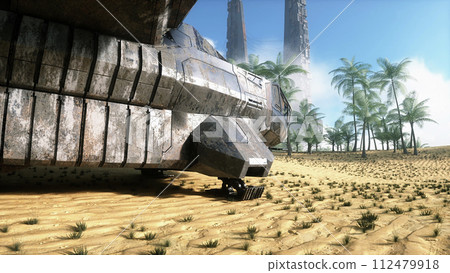 sci fi ship in futuristic city, desert landscape with camels. Future concept. 3d rendering. sci fi ship in futuristic city, desert landscape with camels. Future concept. 3d rendering. 112479918