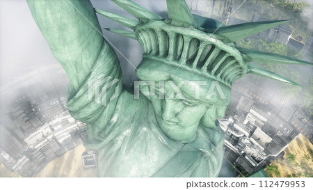 State of liberty in futuristic city, desert, flying cars and ships traffic. Future architecture concept. 3d rendering. 112479953