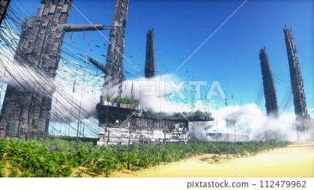 Futuristic city in desert, flying cars and ships traffic. Future architecture concept. 3d rendering. 112479962