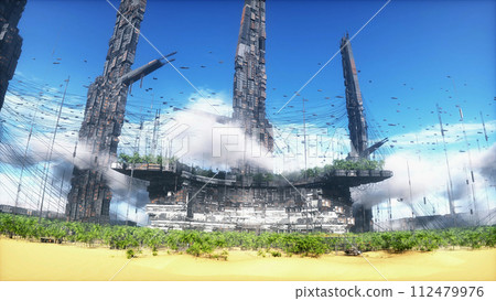 Futuristic city in desert, flying cars and ships traffic. Future architecture concept. 3d rendering. Futuristic city in desert, flying cars and ships traffic. Future architecture concept. 3d rendering. 112479976
