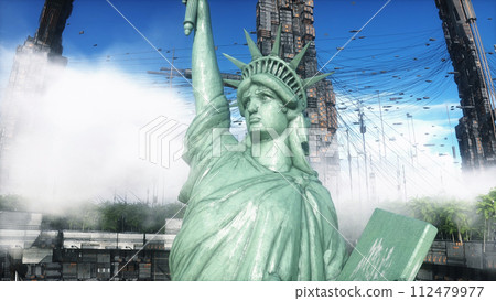 State of liberty in futuristic city, desert, flying cars and ships traffic. Future architecture concept. 3d rendering. State of liberty in futuristic city, desert, flying cars and ships traffic. Future architecture concept. 3d rendering. 112479977