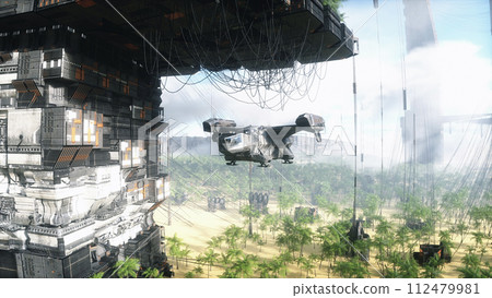 sci fi ship in futuristic city, desert landscape with camels. Future concept. 3d rendering. sci fi ship in futuristic city, desert landscape with camels. Future concept. 3d rendering. 112479981