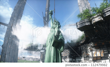 State of liberty in futuristic city, desert, flying cars and ships traffic. Future architecture concept. 3d rendering. State of liberty in futuristic city, desert, flying cars and ships traffic. Future architecture concept. 3d rendering. 112479982