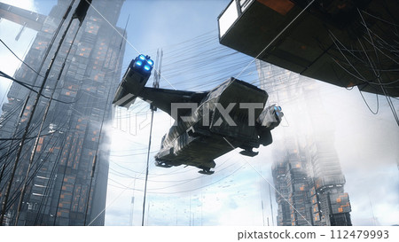 sci fi ship in futuristic city, desert landscape with camels. Future concept. 3d rendering. 112479993