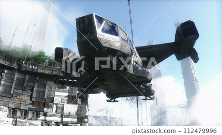 sci fi ship in futuristic city, desert landscape with camels. Future concept. 3d rendering. 112479996