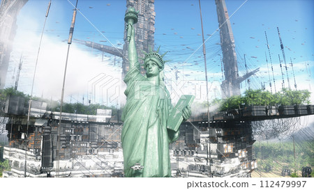 State of liberty in futuristic city, desert, flying cars and ships traffic. Future architecture concept. 3d rendering. State of liberty in futuristic city, desert, flying cars and ships traffic. Future architecture concept. 3d rendering. 112479997