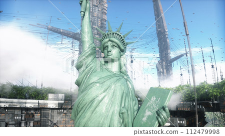 State of liberty in futuristic city, desert, flying cars and ships traffic. Future architecture concept. 3d rendering. 112479998