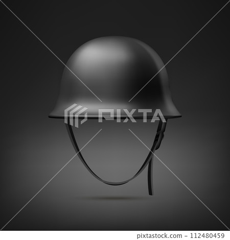 Vector 3d Realistic Black Military Protective Helmet Closeup Isolated. Helmet, Army Symbol of Defense and Protection. Soldier Helmet Design Template for Military, Defense and Safety Concept Vector 3d Realistic Black Military Protective Helmet Closeup Isolated. Helmet, Army Symbol of Defense and Protection. Soldier Helmet Design Template for Military, Defense and Safety Concept 112480459
