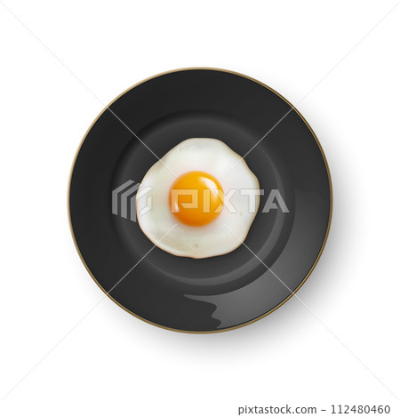 Vector 3d Realistic Fried Egg on a Black Dish Plate Closeup Isolated in Top View. Design Template of Scrambled Eggs, Fried Egg, Omelette. Delicious Breakfast, Food, Culinary Concept Vector 3d Realistic Fried Egg on a Black Dish Plate Closeup Isolated in Top View. Design Template of Scrambled Eggs, Fried Egg, Omelette. Delicious Breakfast, Food, Culinary Concept 112480460