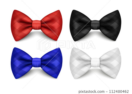Vector 3D Realistic Red, Black, Blue, White Bow Tie Set Isolated. Silk Glossy Bowtie, Tie Gentleman. Mockup, Design Template of Stylish Bow Tie for Men. Fashion, Father's Day Holiday Concept 112480462