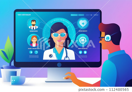 illustration of the concept of Internet telemedicine. The doctor consults the patient using online technology through a video calling app illustration of the concept of Internet telemedicine. The doctor consults the patient using online technology through a video calling app 112480565