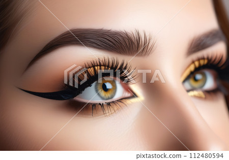 Creative makeup with extended eyelashes and eyeliner arrows. The concept of stylish makeup, close-up 112480594