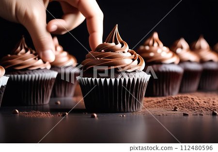 Close-up of delicious chocolate muffins standing on the table, a woman's hand checks the pastries 112480596