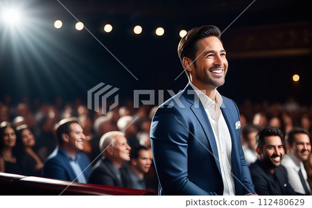 A young confident Asian man, dressed in a blue business suit, stands against the background of a conference hall with the public 112480629