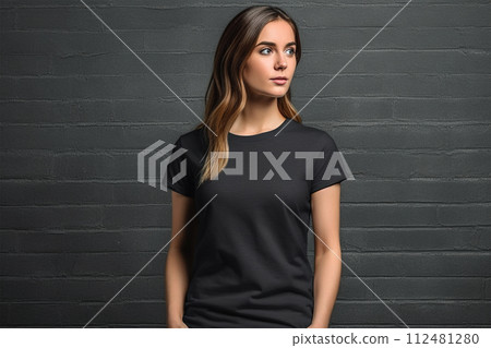 AI-generated content. lifestyle Women's Black T-Shirt Mockup ai generated art 112481280