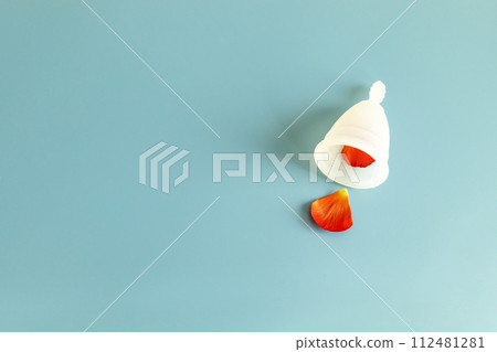 Design World Menstrual Hygiene Day, 28th May. Silicone Period Cup, Disk with Red Flower Petals, View From Above. Space For Text. Horizontal, Flat Lay Template. Intimate Hygiene. Menstruation Cycle Design World Menstrual Hygiene Day, 28th May. Silicone Period Cup, Disk with Red Flower Petals, View From Above. Space For Text. Horizontal, Flat Lay Template. Intimate Hygiene. Menstruation Cycle 112481281