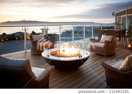 AI-generated content. Deck fire pit with ocean view, surrounded by furniture and under a cloudy sky 112481285