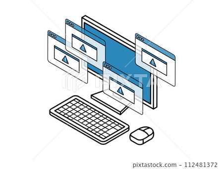 Illustration of a desktop computer with an error Isometric Illustration of a desktop computer with an error Isometric 112481372
