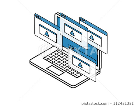 Illustration isometric of a laptop with an error Illustration isometric of a laptop with an error 112481381