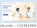 Veterinary exam landing page. Two young veterinarians with dog and cat examining cute animals on pet hospital background. Flat line website template. Vet clinic internet page vector illustration. 112481464