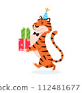 Cute cartoon tiger in party hat with presents isolated on white background. Adorable winking holiday orange striped wildcat in bow tie. Smiling animal character for kids design illustration. 112481677