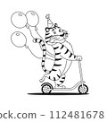 Happy tiger rides kick scooter coloring page. Wild cat with balloons black and white outline for children drawing. Cute character sketch. Kids preschool activity worksheet design illustration. 112481678