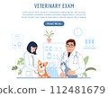 Veterinary exam landing page. Young veterinarians with dog and cat examining cute animals on pet hospital background. Flat line website template with button. Vet clinic homepage illustration. 112481679