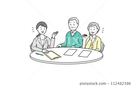 Illustration of an elderly man and woman couple receiving an explanation from a woman in a suit 112482386