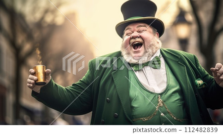 AI-generated content. Happy St Patricks Day An Irishman in a green suit and hat is laughing. 112482839