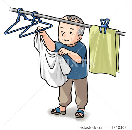 Senior man hanging laundry with a smile Senior man hanging laundry with a smile 112483081