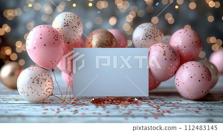 AI-generated content. White card amidst pink gold balloons on wooden table AI-generated content. White card amidst pink gold balloons on wooden table 112483145