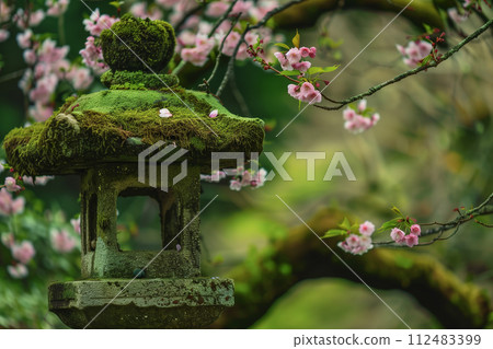 長滿青苔的石燈籠和櫻花 112483399