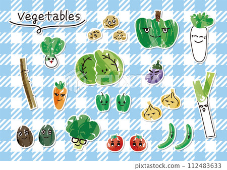 Set of hand-painted watercolor cute face vegetables_background gingham check pattern Set of hand-painted watercolor cute face vegetables_background gingham check pattern 112483633