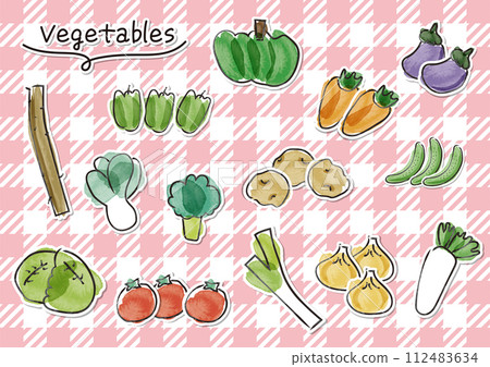 Set of hand-painted watercolor cute vegetables_background gingham check pattern 112483634