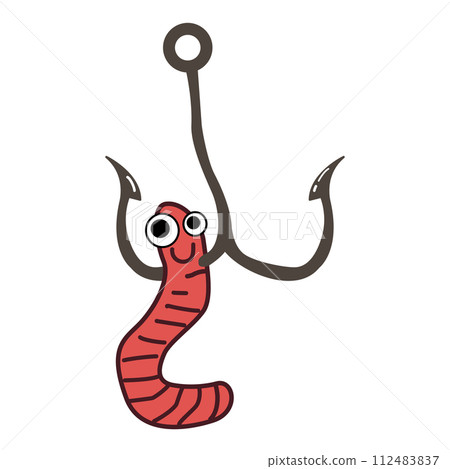 Cartoon fishhook with pink earthworm illustration isolated on white background 112483837