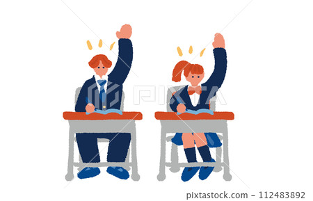 Simple and flat illustration of students in uniform raising their hands 112483892