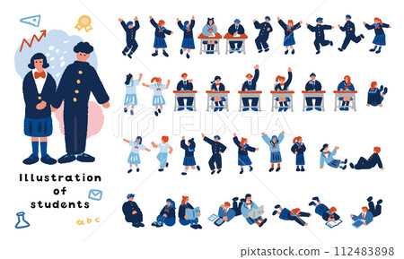 國中生和高中生的圖像插圖。一組穿著校服的學生的簡單平面插圖。 112483898