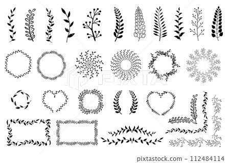 vintage set of hand drawn tree branches with leaves and flowers on white background vintage set of hand drawn tree branches with leaves and flowers on white background 112484114