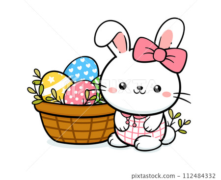 Cute Easter Bunny Girl With A Basket Of Eggs 112484332