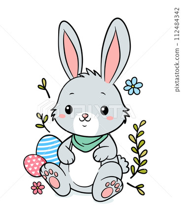 Cute Easter Bunny With Scarf And Eggs 112484342