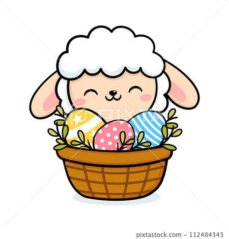 Cute Easter Sheep Character With Eggs In A Basket Cute Easter Sheep Character With Eggs In A Basket 112484343